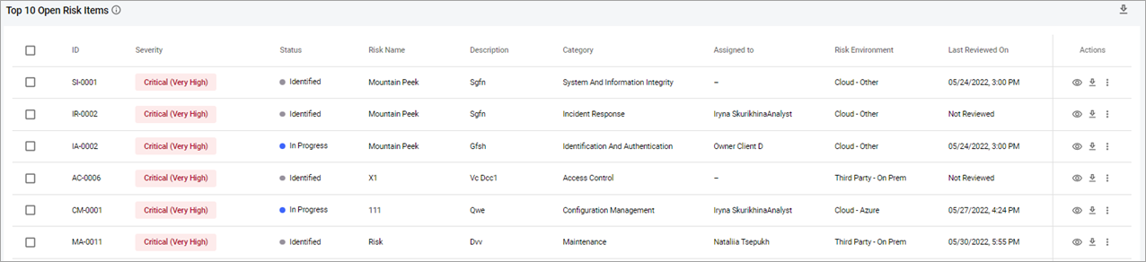 Top 10 Open Risk Items